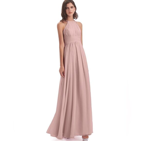 JJ's House Halter Pleated Bridesmaid Maxi Chiffon Gown Dusty Rose Open Back Sz.8 - Picture 3 of 11